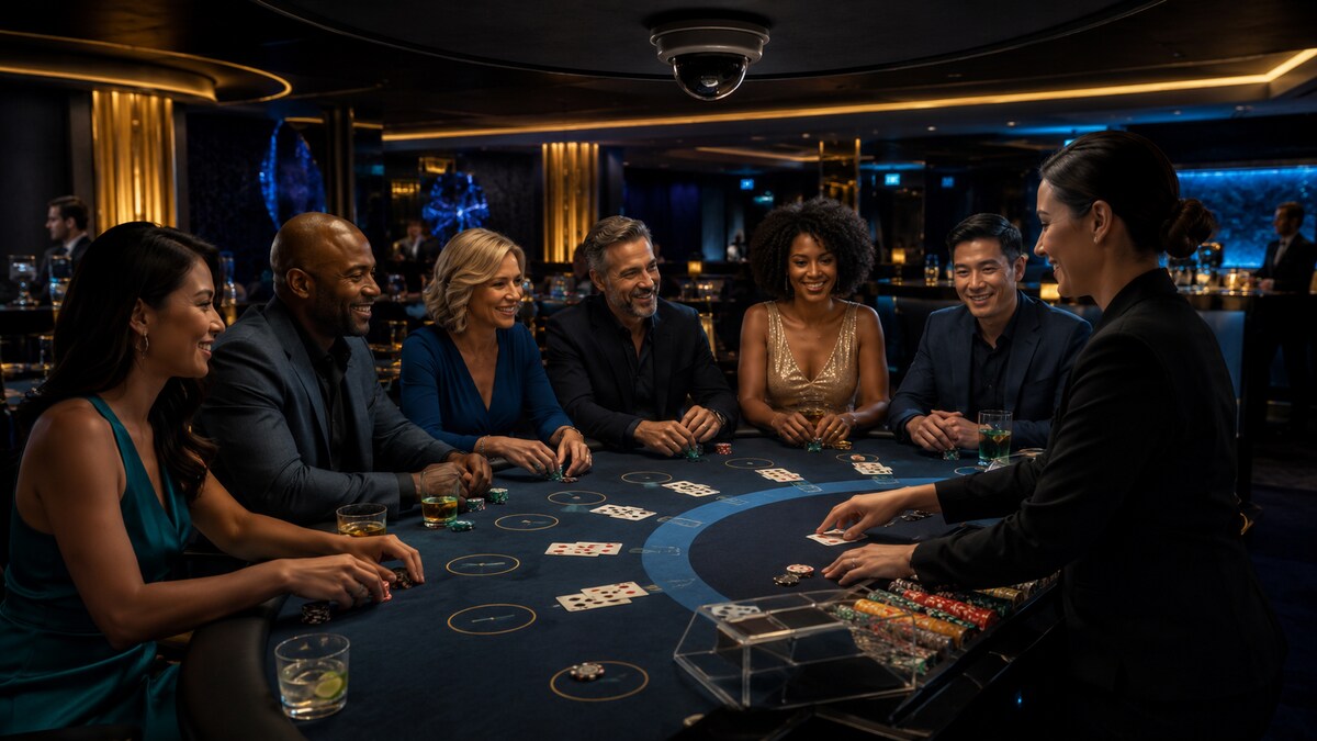Upscale diverse blackjack evening monitored by a dome surveillance camera